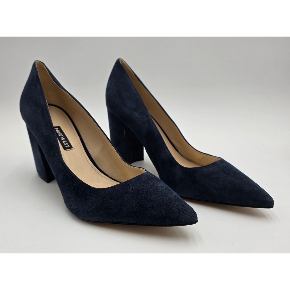 Nine West CARA Navy Blue Suede Pointed Toe Block Heel Pumps Size 9M